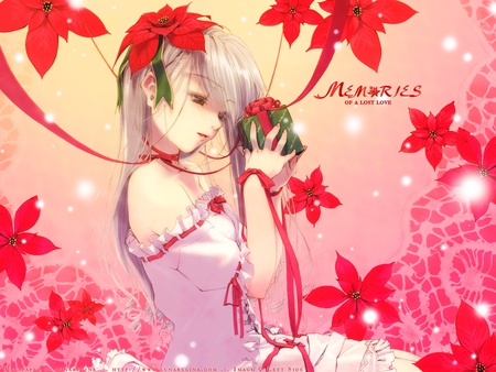 Memories - anime, gray eyes, girl, present, long hair, flowers, gray hair, cute, gift, sexy