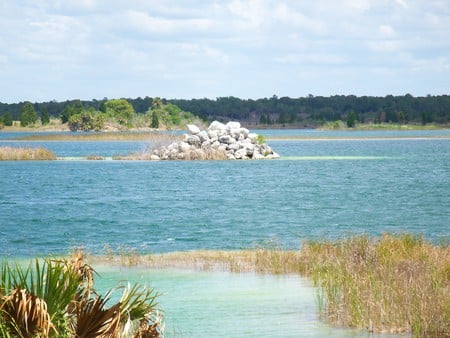 ~Weeki-Wachee Preserve~Rock Island~Limestone Lake~ - sky, freash water, trees, florida, water, foliage, nature, lakes, blue, beautiful, clouds, photograph, land