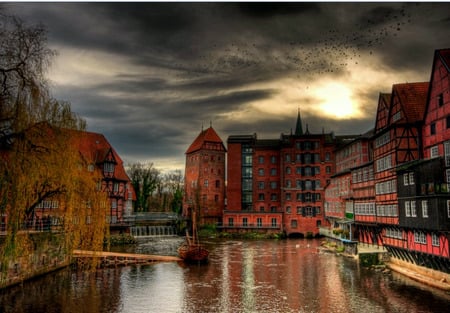 City Darkness - blackbirds, boat, stormy, river, canal, weeping willow, dark clouds, houses, sky