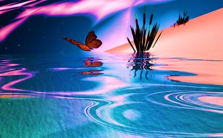 Butterfly dream - water, butterfly, ripples, sand, rushes