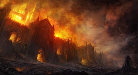 Castle On Fire - sword, destruction, dark, war, battle, night, fire, warrior, fantasy, smoke, castle