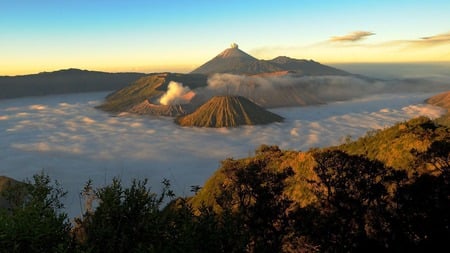 Group of Volcanos - forest, mountains, volcano, sky, eruption, fog, sunset, mist, nature