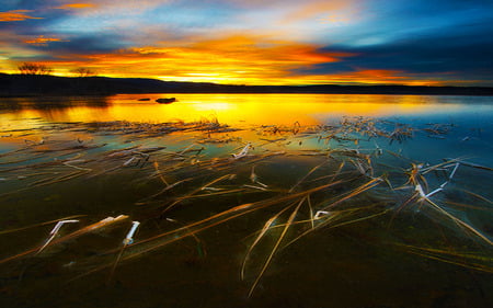 The Left Over - sky, lake, mountain, weeds, reflection, clouds, ray, sunset