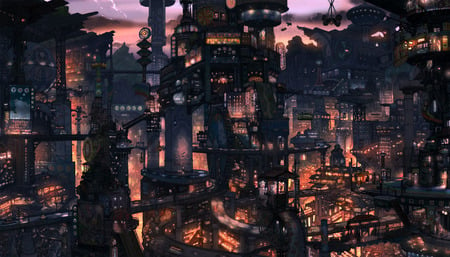 Cramped City - abstract, future, city, oriental, fantasy, lights, surreal