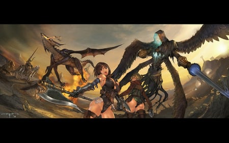 wallpaper - woman, axe, dragon, wings, sword