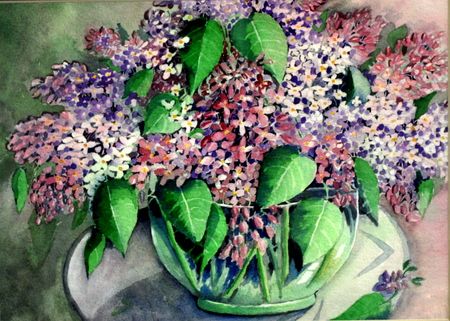 Bouquet - flowers, lavender, purple, bowl, painting, lilacs, pink, leaves