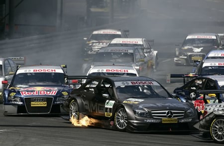 4 Wide - fire, race, fast, car, race cars, race track, cars, speed