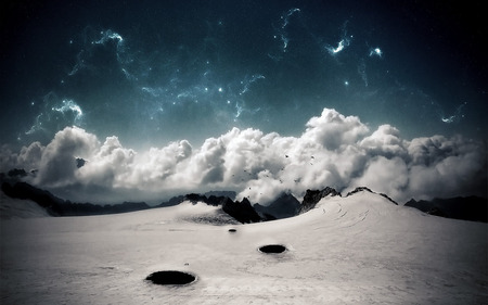 Heaven Weeps - stars, winter, crater, mountains, space, meteor, cg, abstract, snow, clouds, 3d