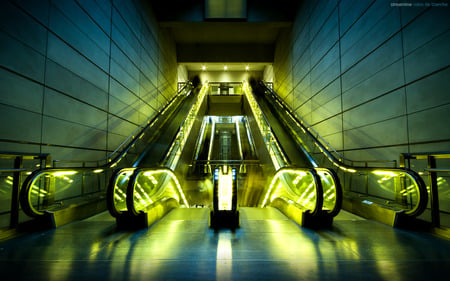 Streamline - escalator, architecture, symmetry, stairs, green