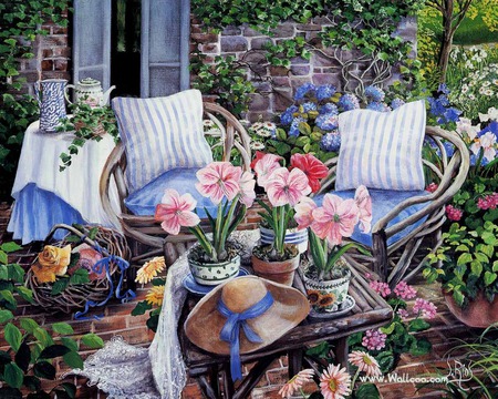 Come sit a spell - pillow, hat, chairs, flower pots, tablecloth, teapot, relaxing, beautiful, table, ribbon, patio, flowers