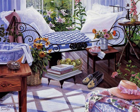 All I need... - eggs, sunflowers, window, stems, pillows, slippers, towel, books, leaves, flowers, rug, apples, fruit, swirls, lounge, hat, sunlight, daybed, beautiful, table, basin, lace, basket, shoes, nest, stand, chaise