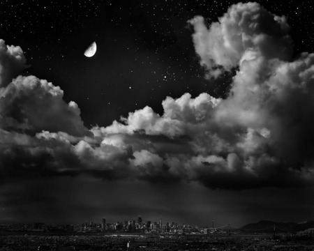 San Fran at Night - photo, black and white, dark, bridge, stars, abstract, night, sky, storm, clouds, city, moon