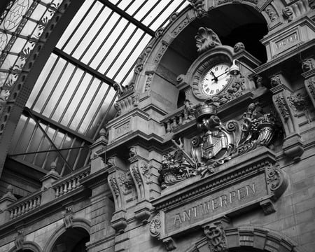 Antwerp - building, antwerp, architecture, clock, classic, black and white