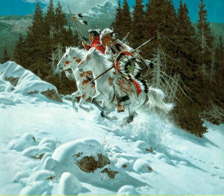 Winterhawk - warriors, indian, ponies, snow