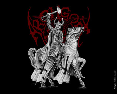 Archgoat:Satanic Crusader - satanic, warrior, religion, sword, evil, horse, dark, scary, armor, drawing, weapon, art