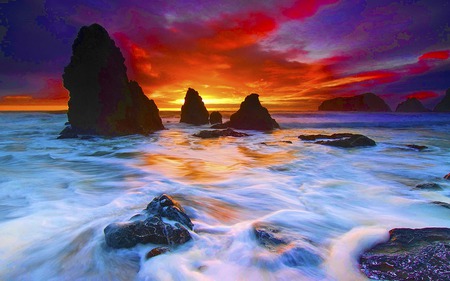 Fantasy - sunset, ray, nature, ember, ocean, reflection, wave, rocks