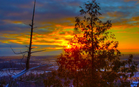 Speechless - sunset, ray, land, fields, tree, sky