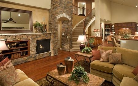 Living room  - stairs, houses, light, fireplace, home, beautiful, table, staircase, house, flowers