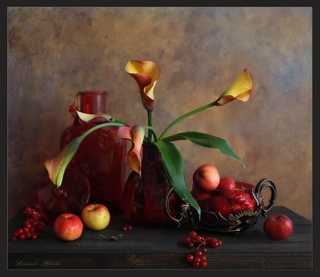 Still life - fruits, photography, apples, art, yellow, red, galla lily, flowers, flower