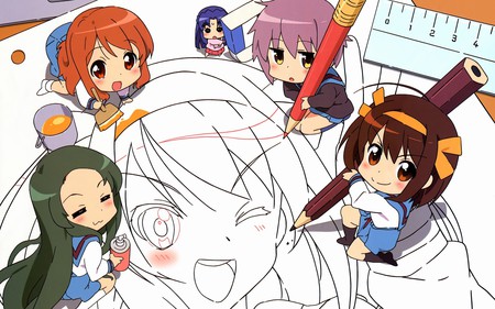 Haruhi and friends - sos brigade, haruhi, cute, chibi, suzumiya