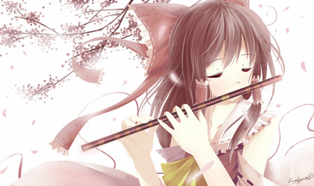 Hakurei Reimu - anime, girl, brown hair, long hair, touhou, flute, cute, ribbon, hakurei reimu, sexy