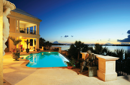 Beautiful night scene - lights, water, beautiful, statue, plants, pool, house, sunset, sea, balcony