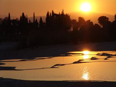 Sunset Pamukkale, Turkey - sun, salt, marshes, pools, turkey, lakes, reflections, yellow, cold, cool, reflected, land, landscape, scenario, nature, pamukkale, beautiful, photoshop, sunrise, nice, sky, photography, water, black, brown, sunsets, orange, rivers, scene, paisagem, paisage, gold, scenery, colors, photo, natural