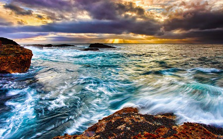 Art Of Dance - beauty, sky, ocean, reflection, blue, ray, wave, rocks