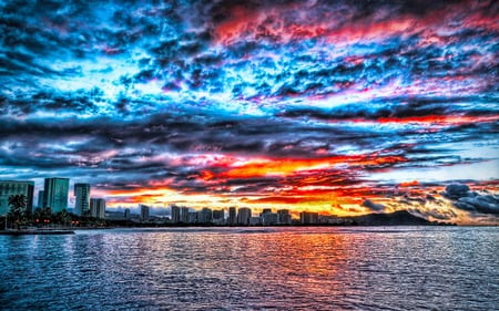 Make It A Day - sky, lake, ray, building, clouds, skyscrapers