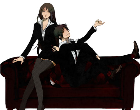 durarara - black, sofa, bodyguard, cute, drrr, cool, couple, suits