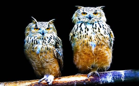 Twin Eagle Owl - sparkle, animal, bird, beauty, eagle owl, fractalius