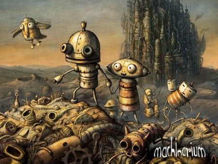 Machinarium - friend, bird, happy, robot, drawing, abstract, art, fantasy, city, wasteland