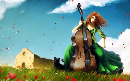 Lady in green - red, guiarist, lady, head, music, green