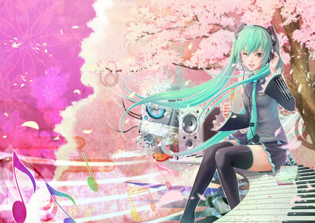 vocaloid - guitar, vocaloid, anime, headphones, miku, cherry blossoms