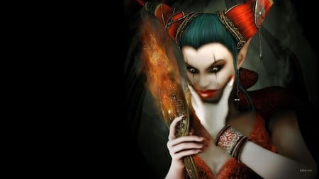 Turns to Fire - evil, dark, scary, cg, elf, goth, fantasy, mirror, fire, woman, 3d, pale, demon