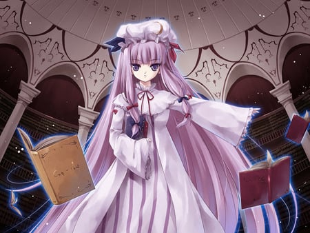 Patchouli Knowledge - sexy, patchouli knowledge, girl, ribbons, long hair, purple hair, book, touhou, anime, purple eyes, cute, dress