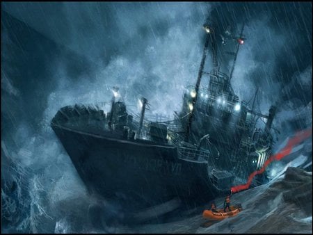 Cold Fear - storm, game, ship, boat, sea, ocean, drawing, cold fear, waves, art, video game