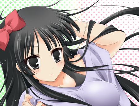 Akiyama Mio - sexy, girl, long hair, black hair, k-on, anime, ribbon, blush, cute, akiyama mio, black eyes