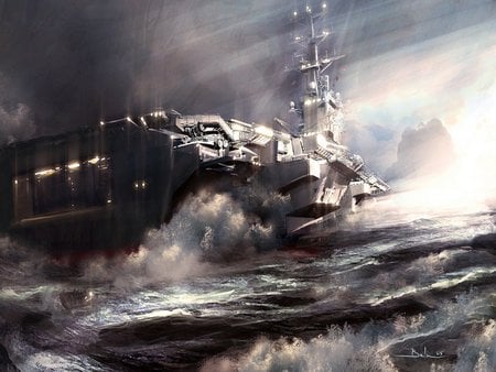 Army of Two:Battleship - storm, clouds, aircraft carrier, game, war, sea, sci-fi, ocean, army of two, battleship, batlle, waves, sky, video game, army of 2