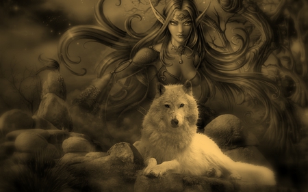 My gardian - women, dog, fantasy, art