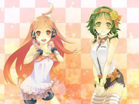 Gumi & Miki - girls, sexy, long hair, red hair, red eyes, green eyes, miki, vocaloid, anime, gumi, cute, short hair, green hair