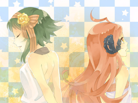 Gumi & Miki - girls, sexy, long hair, red hair, red eyes, vocaloid, miki, anime, gumi, cute, short hair, green hair