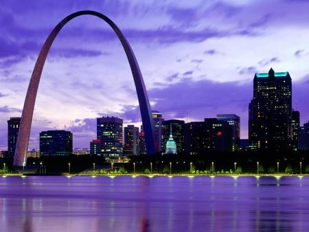 Arch - water, gateway, purple, arch, buildings, sky