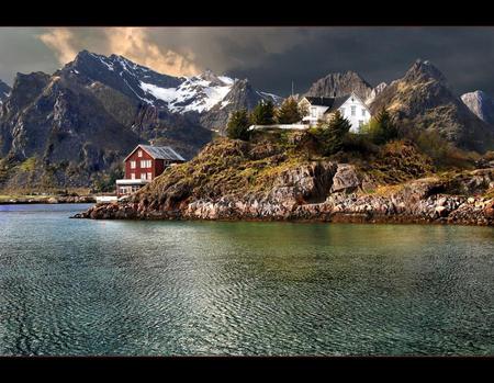 In plain view - water, beautiful, snow, sea, grass, nature, mountains, houses, rocks