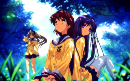 Clannad - girls, sky, girl, clannad, forest, anime, green, uniform, grass