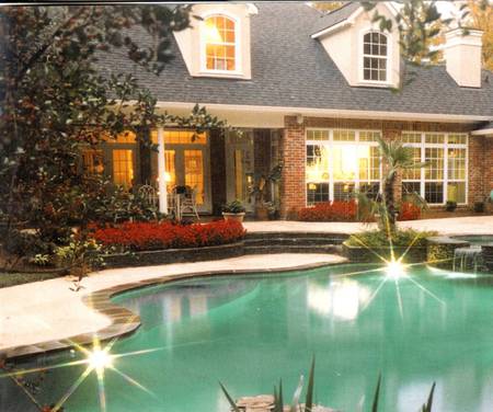 Beautiful backyard - nice, windows, patio, tree, house, pool, lights