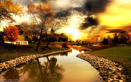 Autumn day in the park - trees, water, reflection, red, pebbles, beautiful, river, golen sunset, grass