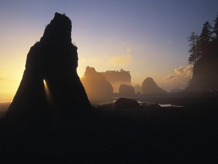 Sunset Through the Sea Stacks - sunsets, nature, stacks, sea