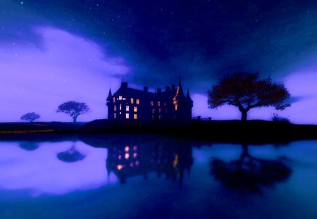 Lost in the blue - windows, lake, trees, reflection, blue, mansion