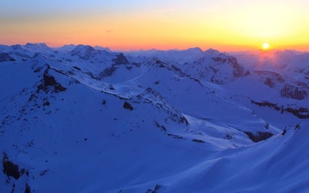 Sunset over snowy mountains - over, mountains, sunset, snowy